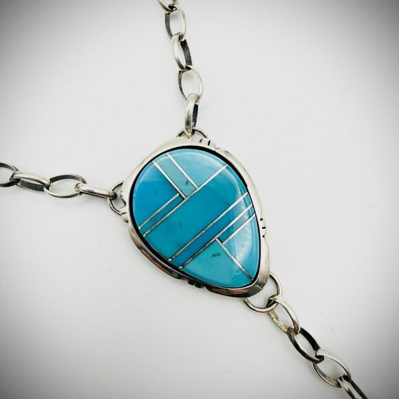 Navajo Priscilla A. Smith Sterling Silver Turquoise Inlay Lariat Necklace – 18″ - Picture 2 of 5